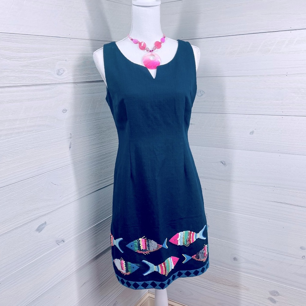 Talbots Bright Sequined Beaded & Embroidered Fish Detailed Dress 6P FREE SHIP